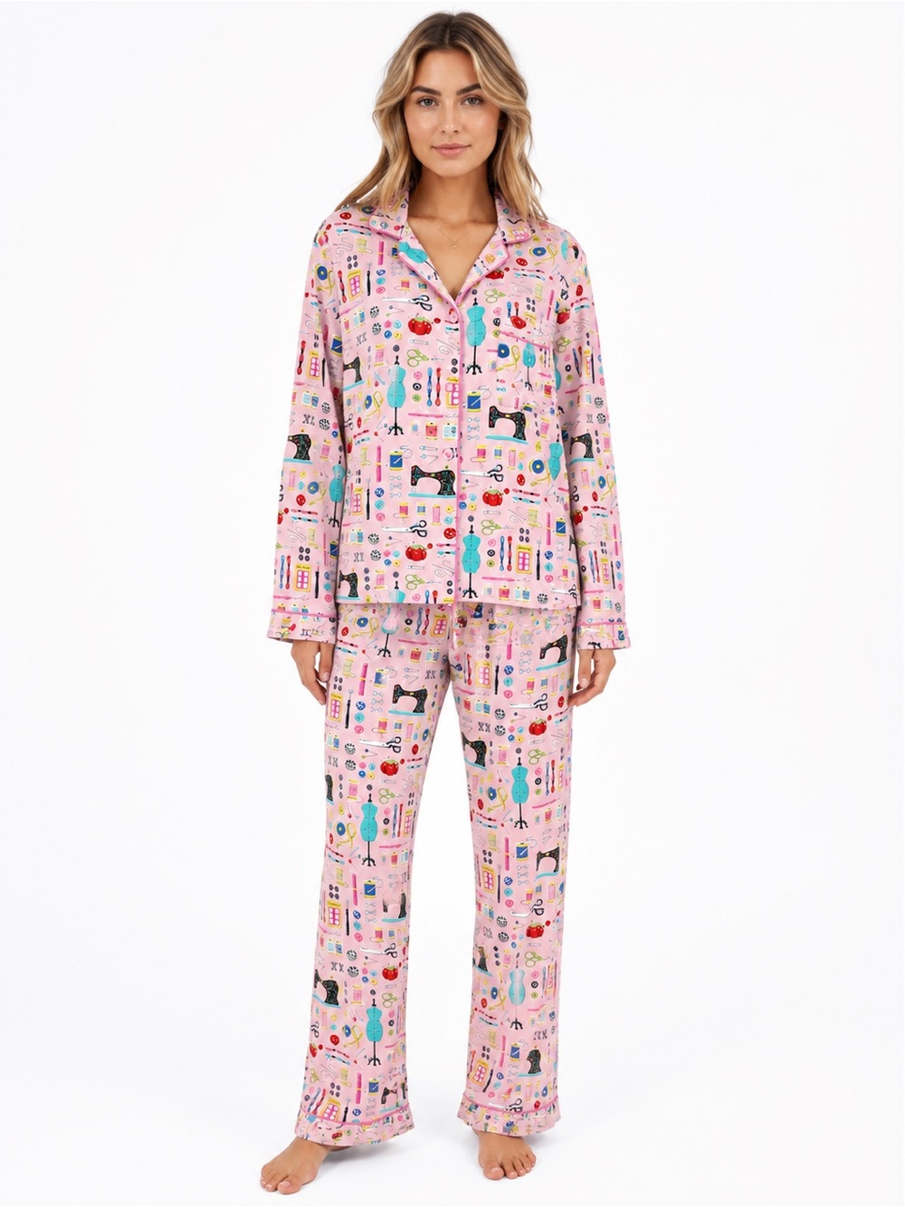 Nick & Nora Sewing Novelty Print Pajama Set XS Pink Button Front Modal Stretch